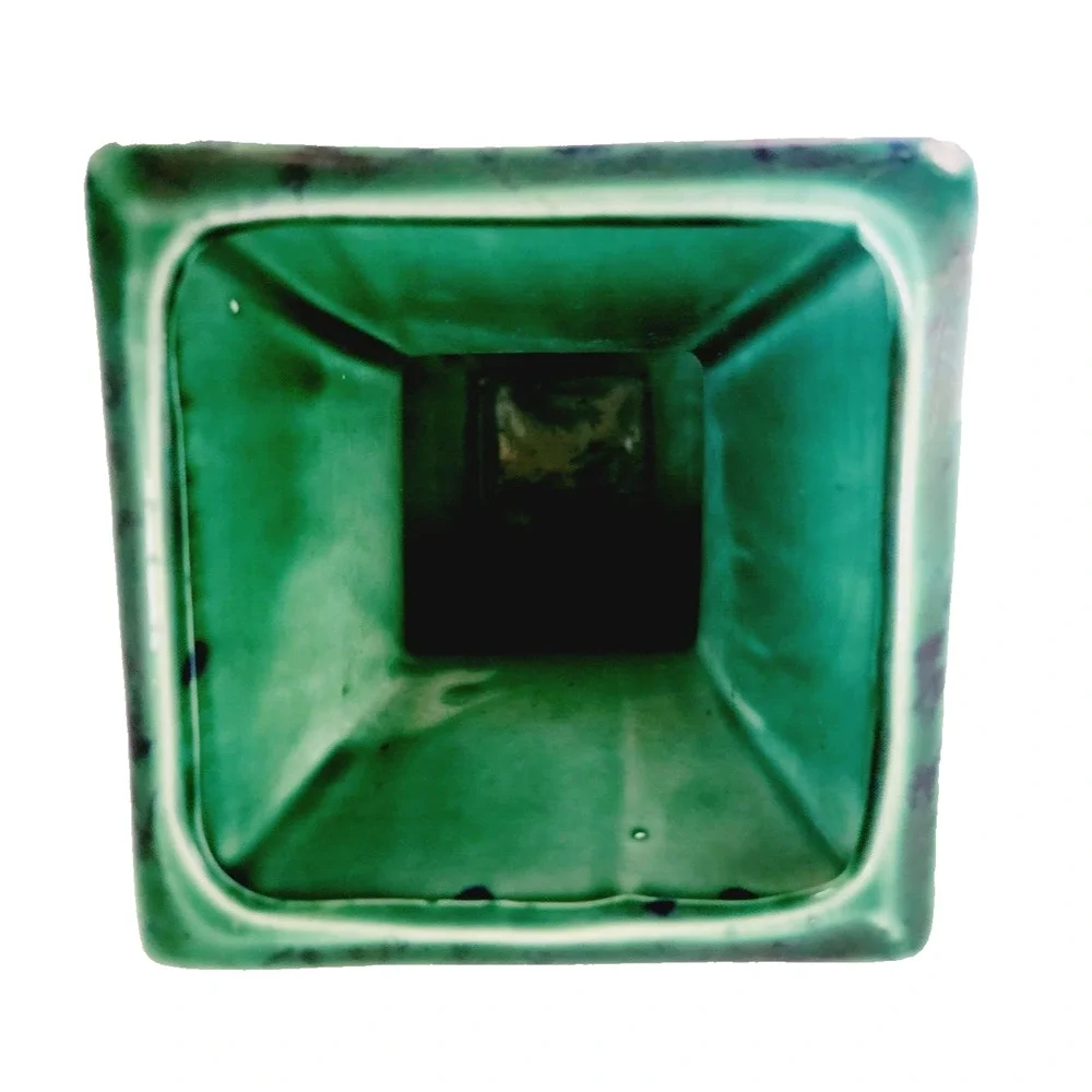 Vintage Haeger Green Blue Floral Square Vase 11” Art Pottery